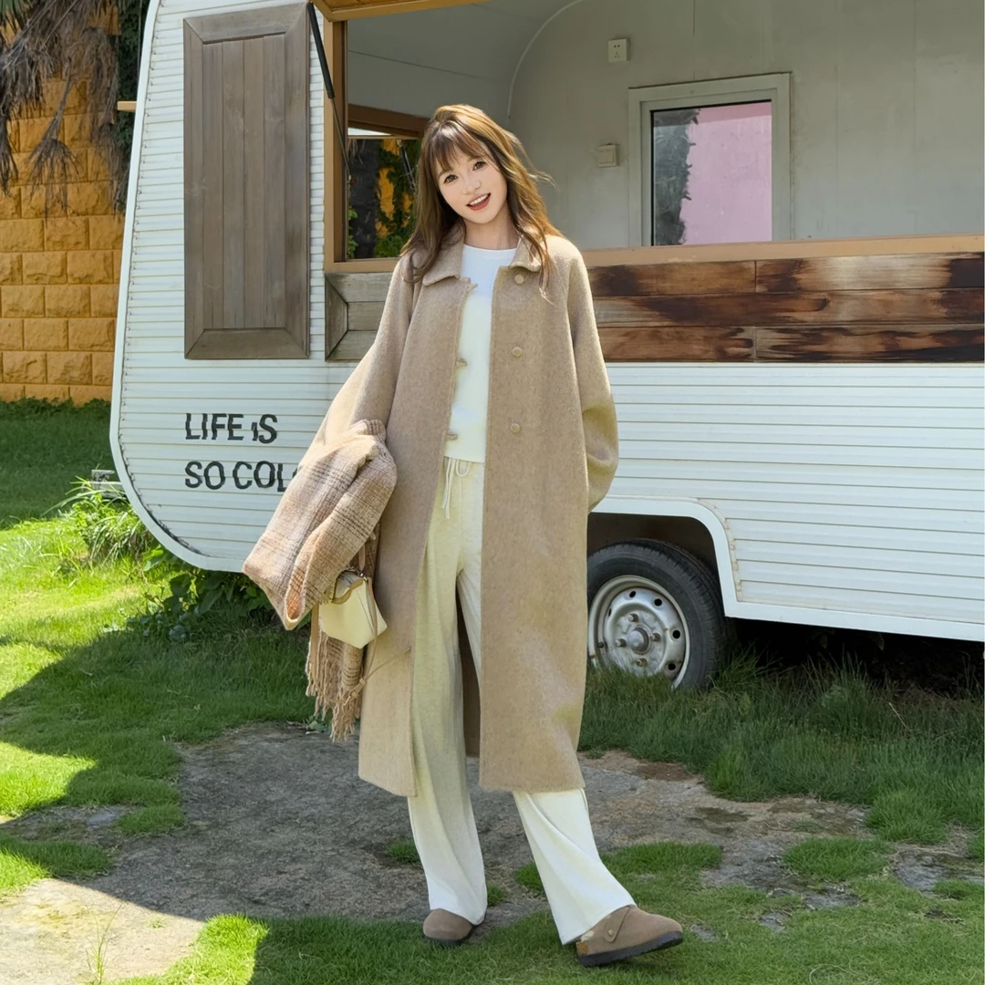 0915冬季简约宽松温柔风时尚气质网红翻领长款羊毛大衣