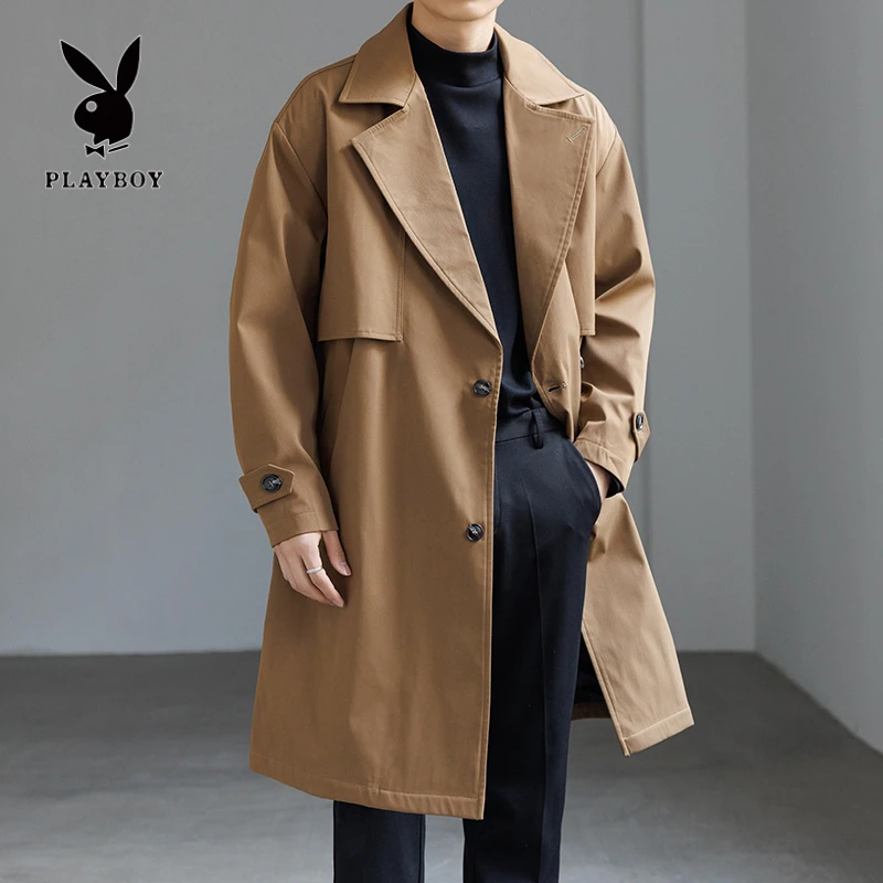 花花公子中长款风衣外套男春秋英伦风高级感休闲男装宽松过膝大衣