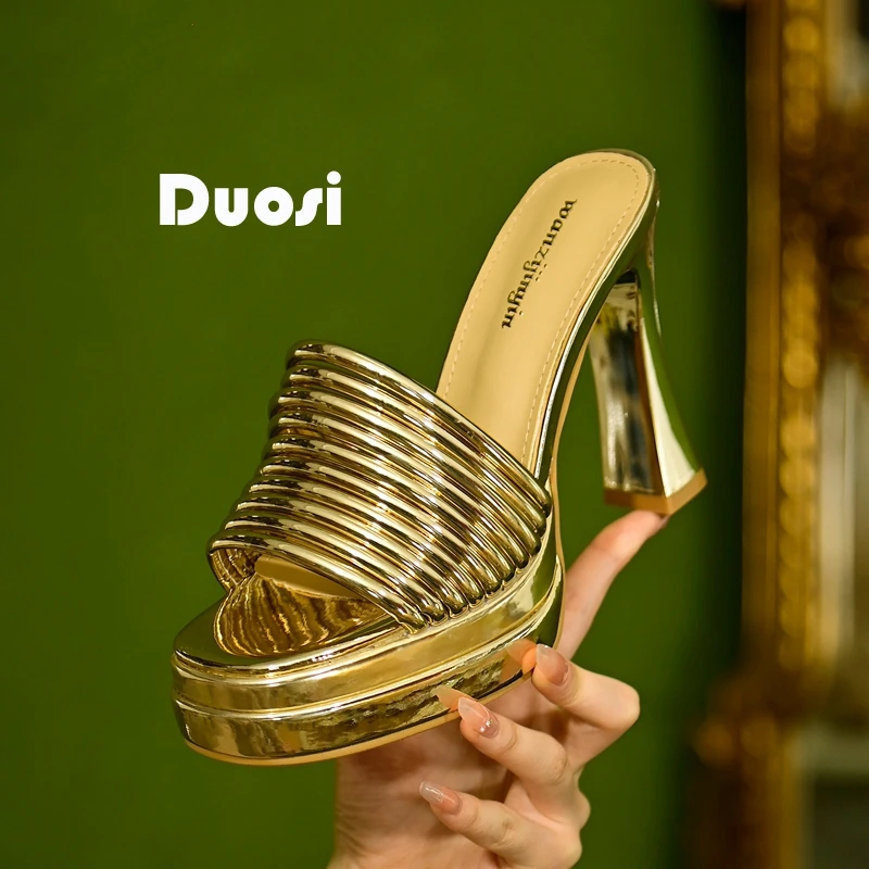 【DUOSI】11cm高级感凉拖鞋女夏超高细跟高跟鞋外穿一字拖鞋8091-9