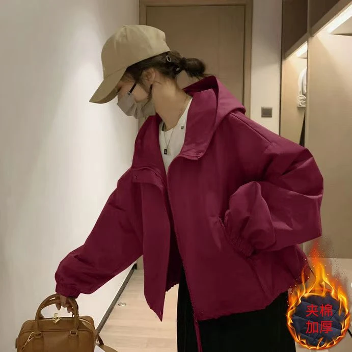 加厚短外套女连帽百搭休闲夹棉宽松秋冬保暖防寒上衣冲锋衣ins