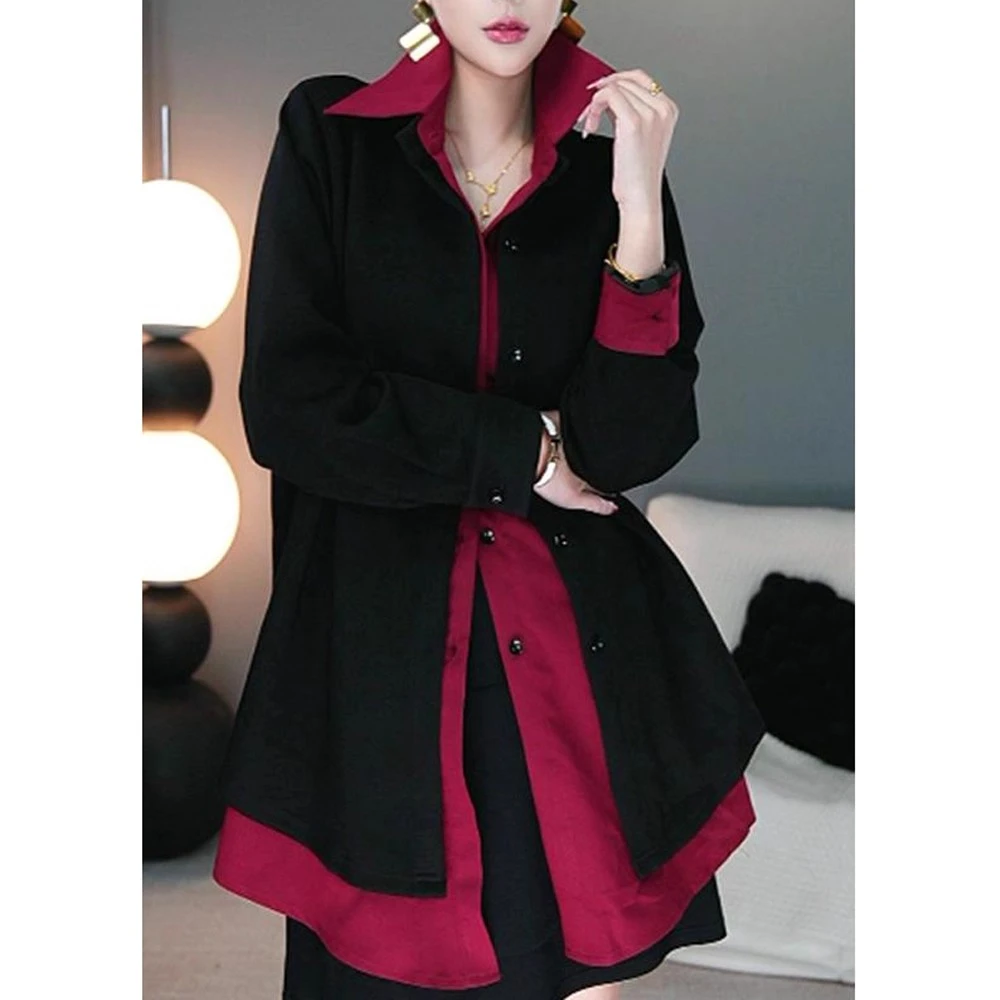 单排扣设计拼接长袖韩版洋气打底上衣日常通勤百搭宽松中长款衬衫
