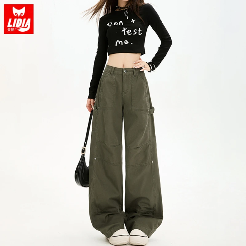 美式酷飒工装牛仔裤女2025秋季新款高腰显瘦宽松多口袋辣妹阔腿裤