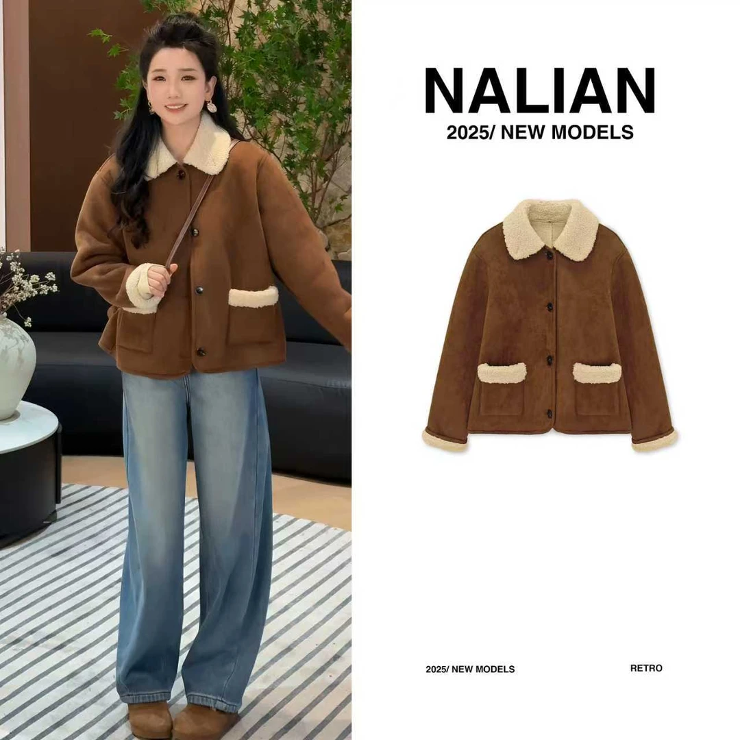 拿恋JGCDF67597#美式复古加绒加厚皮毛一体外套67597