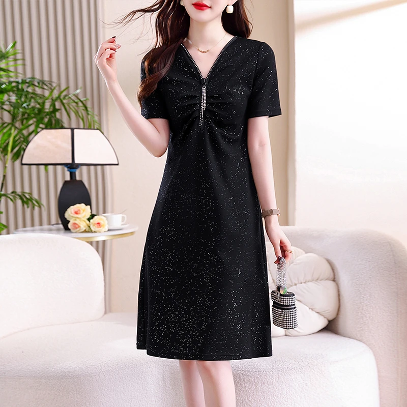 V领亮丝高档显瘦连衣裙夏季新款钉珠拼接大码遮肚时尚中长款裙子