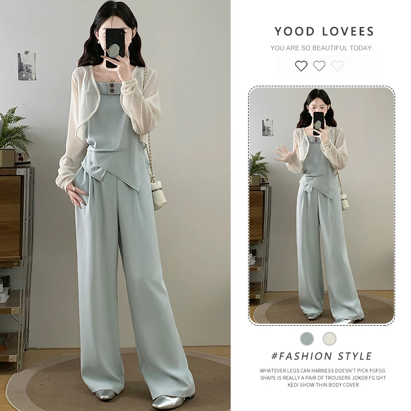 大码夏日绝美穿搭套装女胖mm巨显瘦时髦遮肉吊带阔腿裤开衫三件套