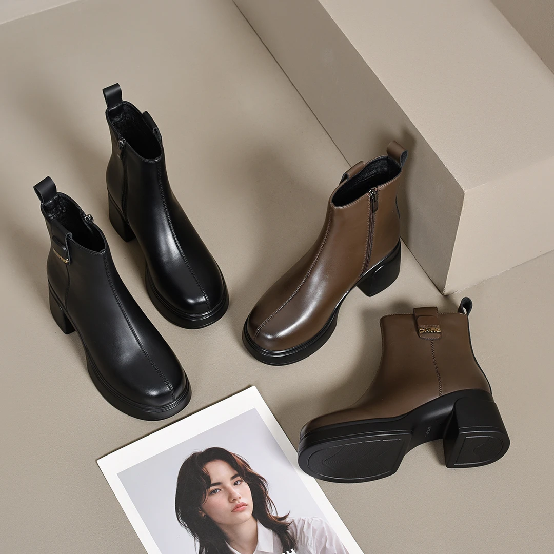 xizi/昔子1213短靴女粗跟增高秋冬靴子百搭防滑时尚防水拉链厚底
