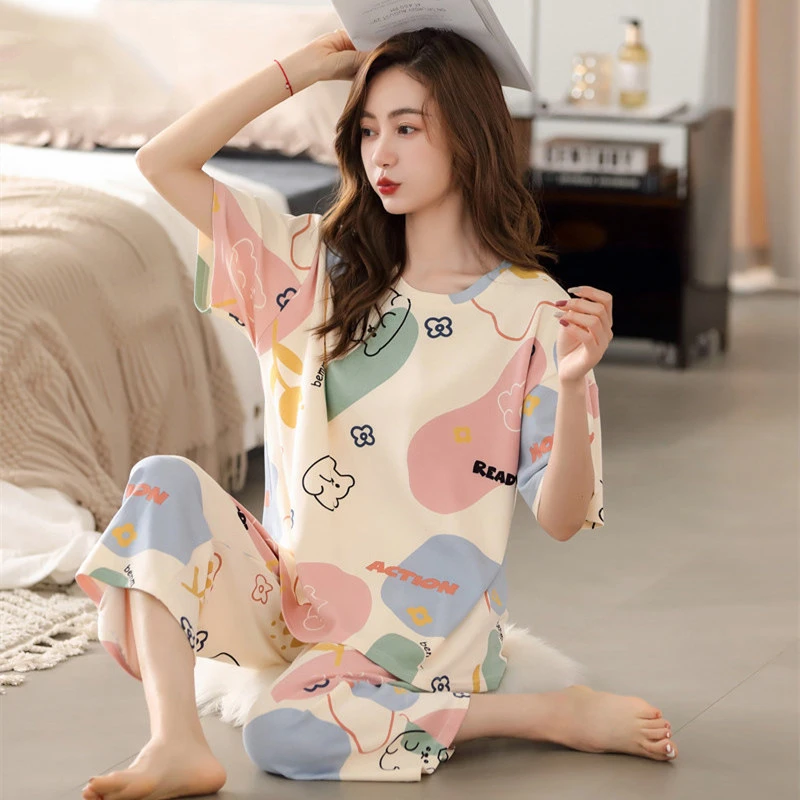 睡衣女夏季爆款短袖七分裤睡衣休闲女士宽松大码休闲家居服两件套