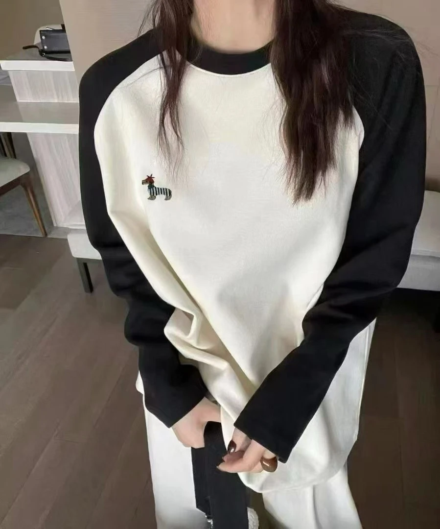 322番外韩版复古小狗刺绣减龄圆领插肩袖加绒T恤女宽松中长款卫衣