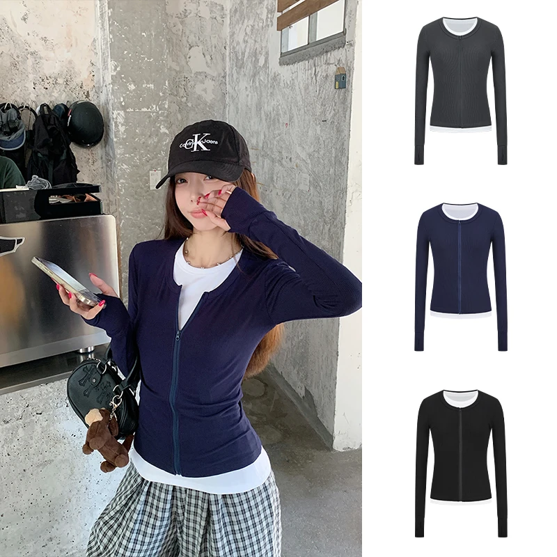 撞色长袖t恤假两件春秋修身显瘦打底衫上衣