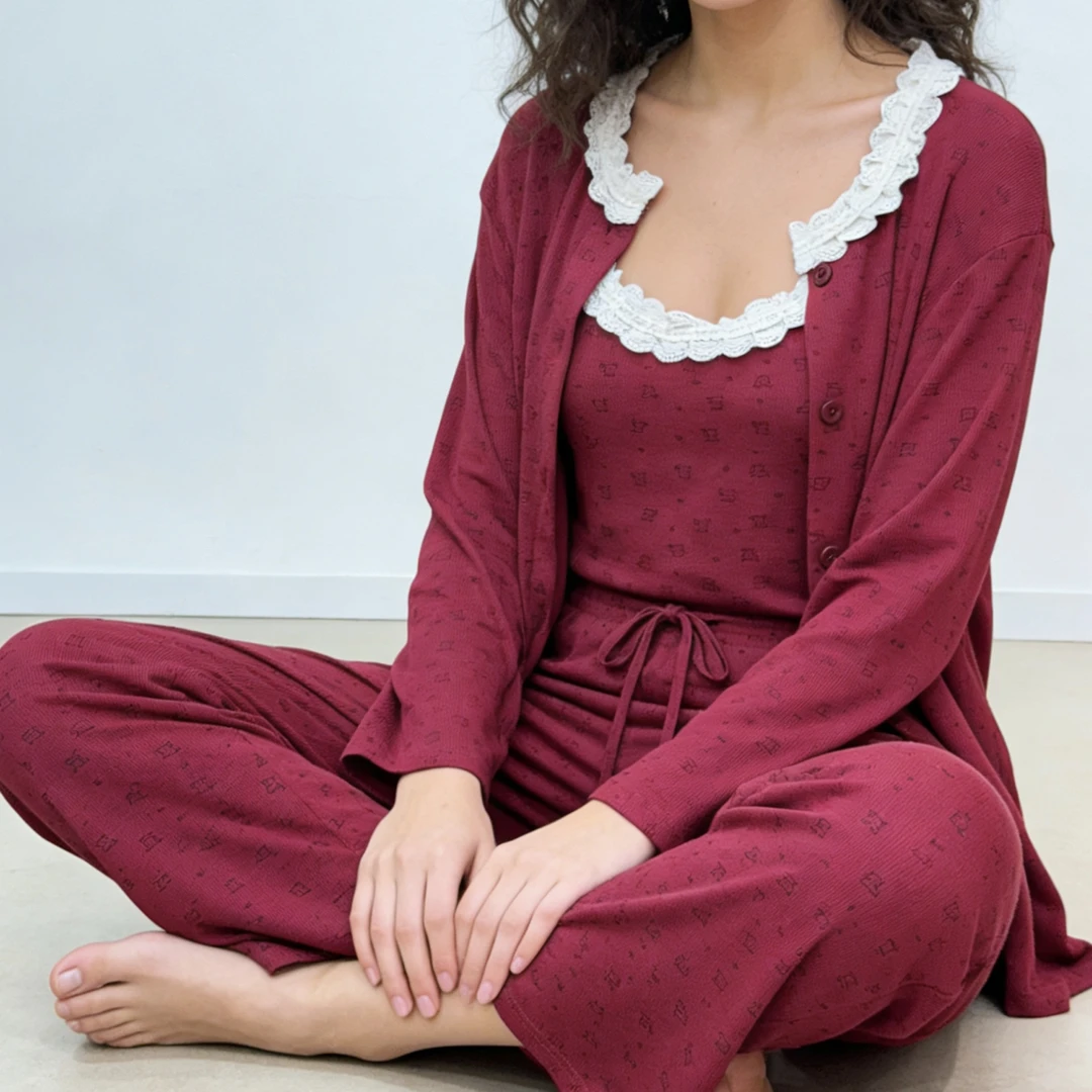 莫代尔带胸垫长袖长裤甜美可爱可外穿家居服三件套