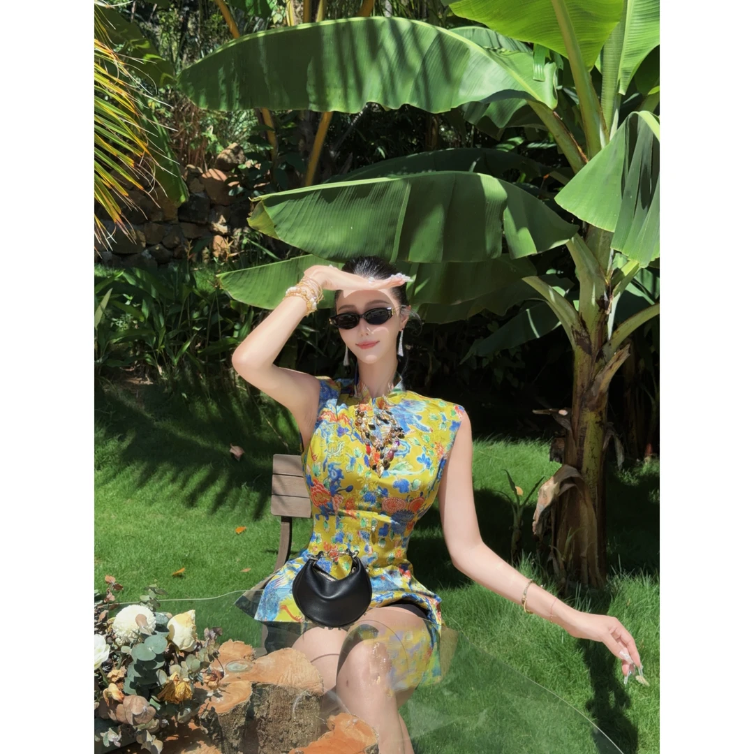 DUOMI【古韵女神】蓝黄色砍袖盘扣马甲黑色净版短裤