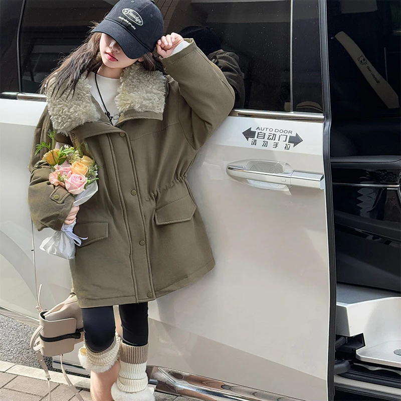 女童秋冬外套2025新款中大童女孩加厚棉服洋气保暖长版派克服上衣