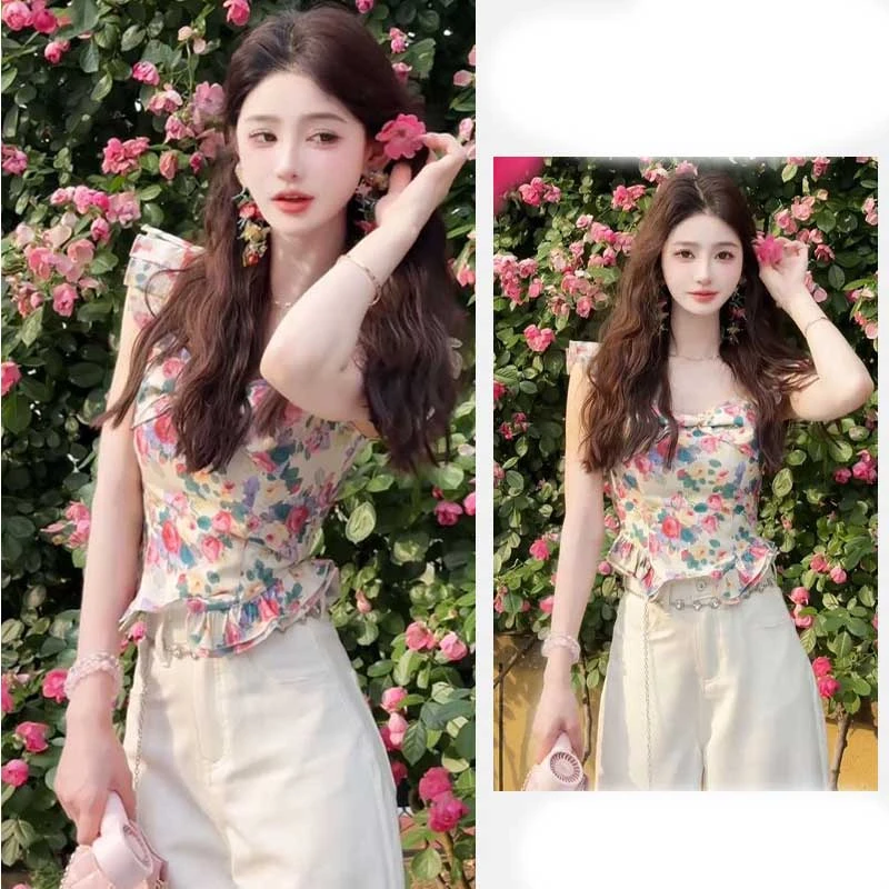 韩系少女风郁金香飞飞袖t恤女夏季度假风修身显瘦短款无袖小上衣