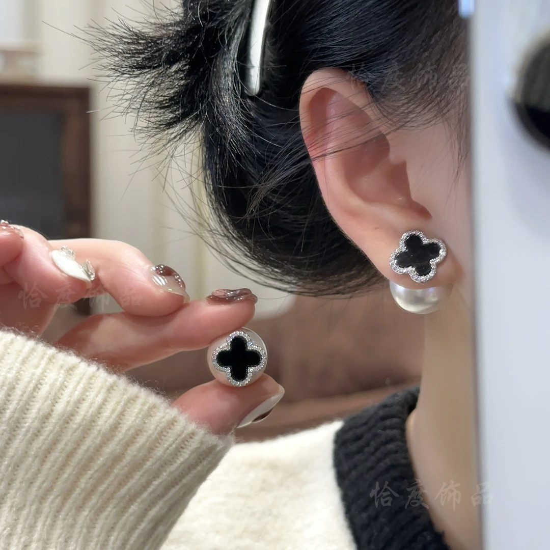 【恰度】黑色大气四叶花珠珠耳钉前后两戴设计