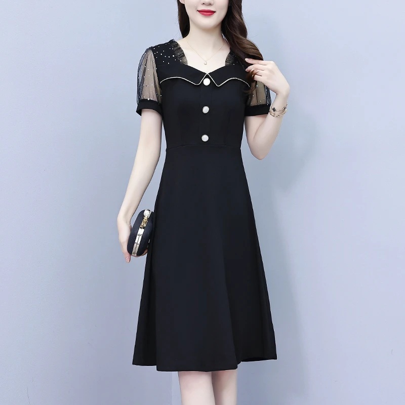 大码女装2025夏季新款胖亮片网纱拼接小黑裙修身减龄时尚连衣裙