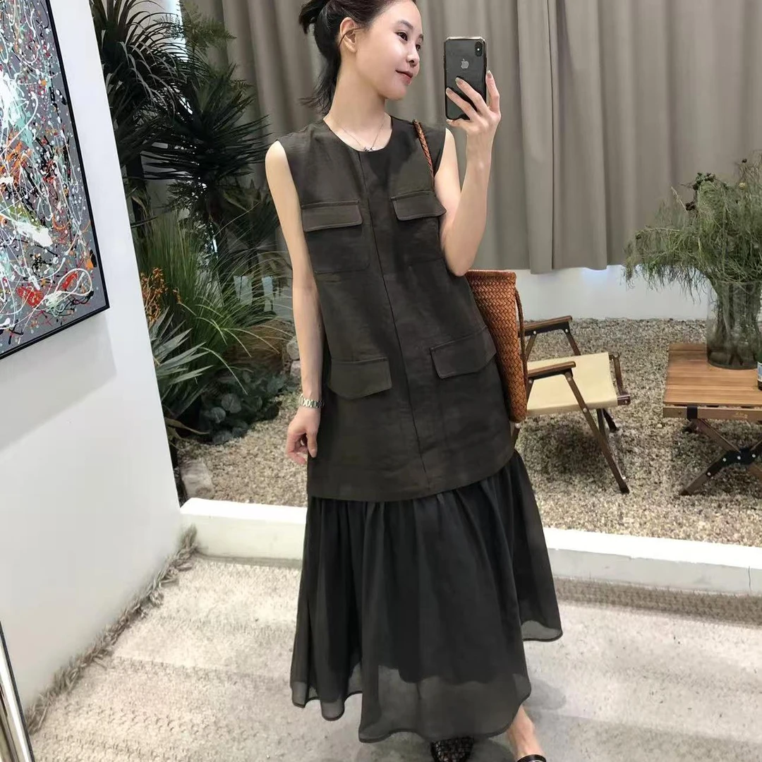 绿野仙踪～清冷复古慵懒天丝亚麻背心连衣裙女鱼尾裙摆显瘦长裙子