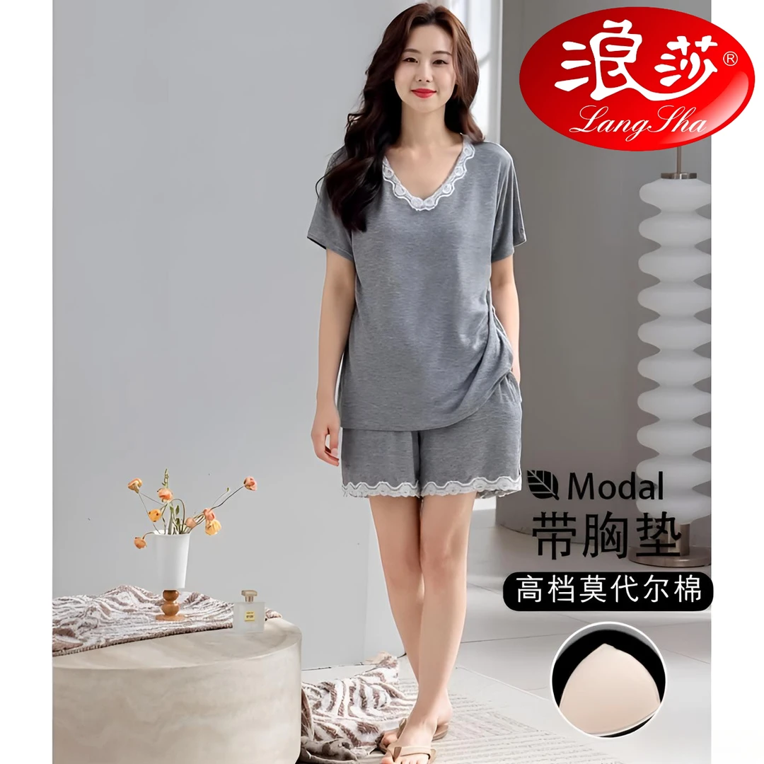 浪莎睡衣女夏款莫代尔带胸垫一体短袖短裤休闲舒适蕾丝家居服套装