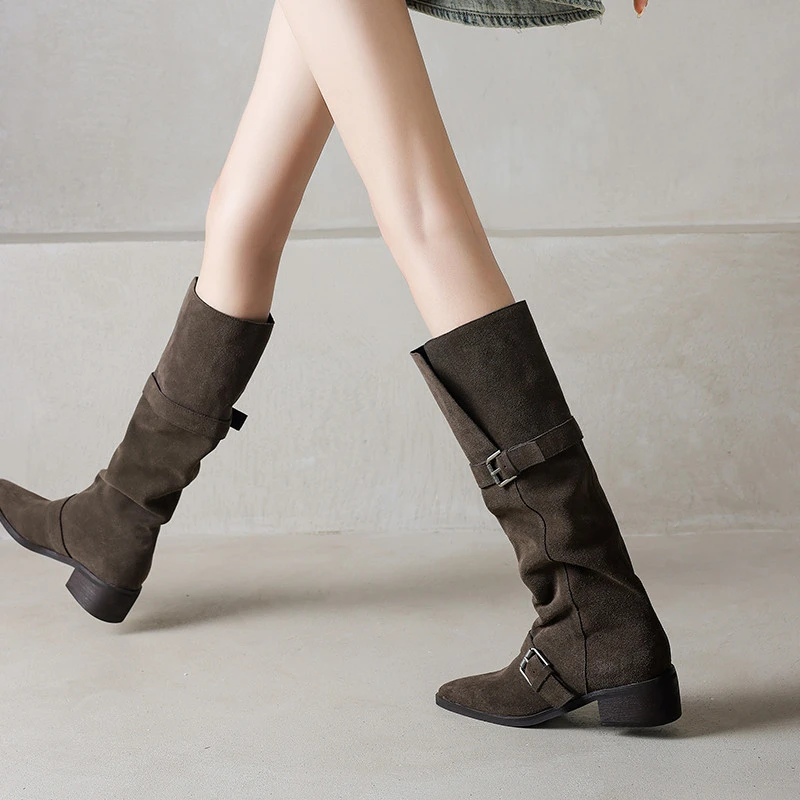 复古真皮不过膝长靴粗跟皮带扣西部牛仔靴高筒堆堆靴长筒靴骑士靴