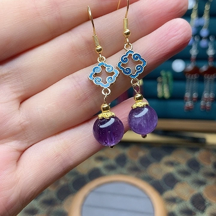 石英质玉耳钉银S925镶嵌