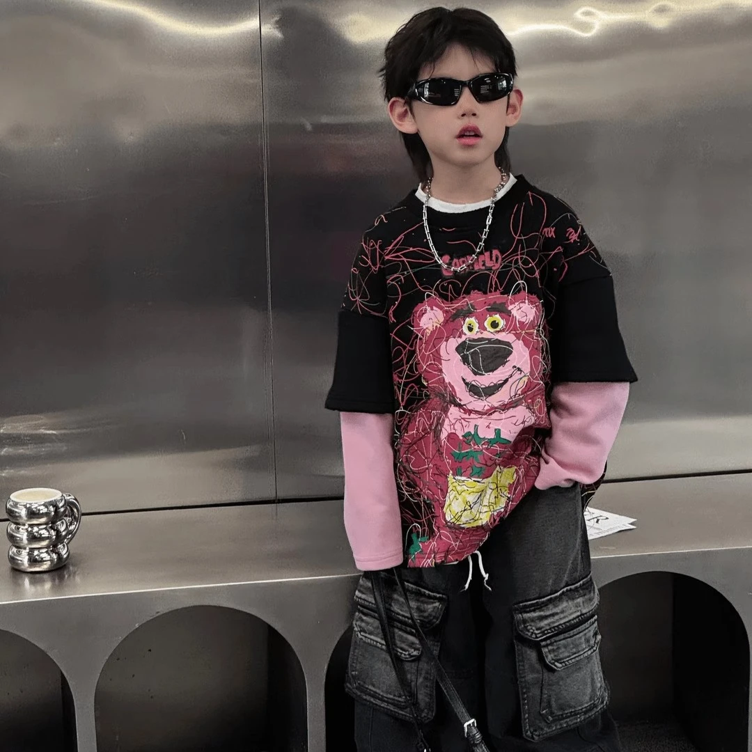 男童春秋季长袖t恤中小童时尚薄款纯棉假两件帅气儿童装上衣打底t