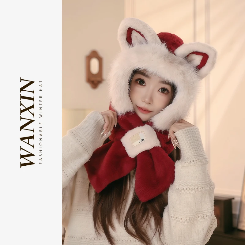 WANXIN茶金狐毛绒围巾手套一体三件套秋冬大头围帽子围巾一体