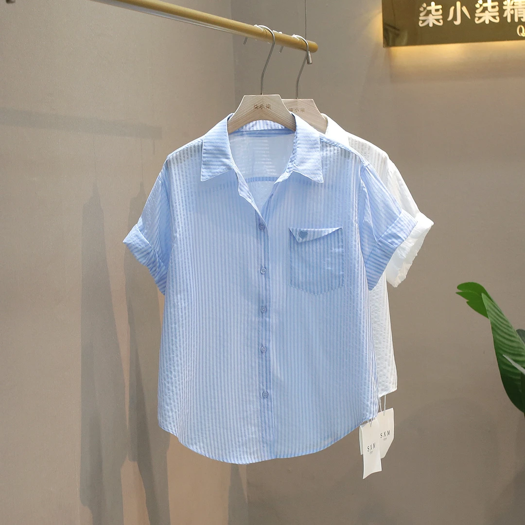 竖条纹蓝色雪纺短袖衬衫女士夏季大码夏季上衣女款爆款2025新款