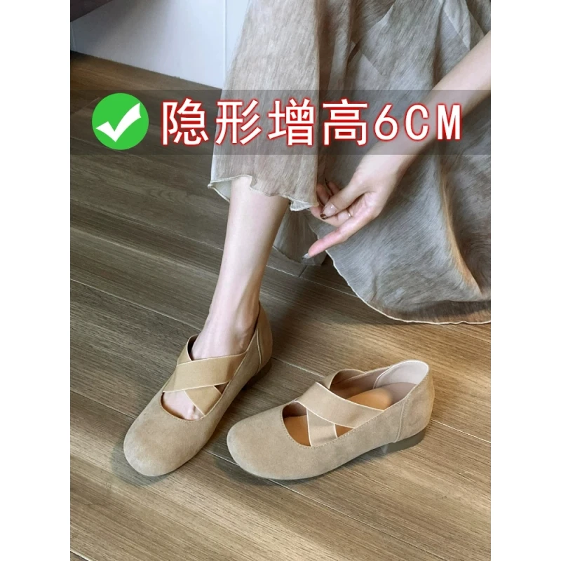 羊皮~6cm内增高芭蕾舞鞋外穿粗跟软底单鞋UMAW交叉复古玛丽珍女鞋