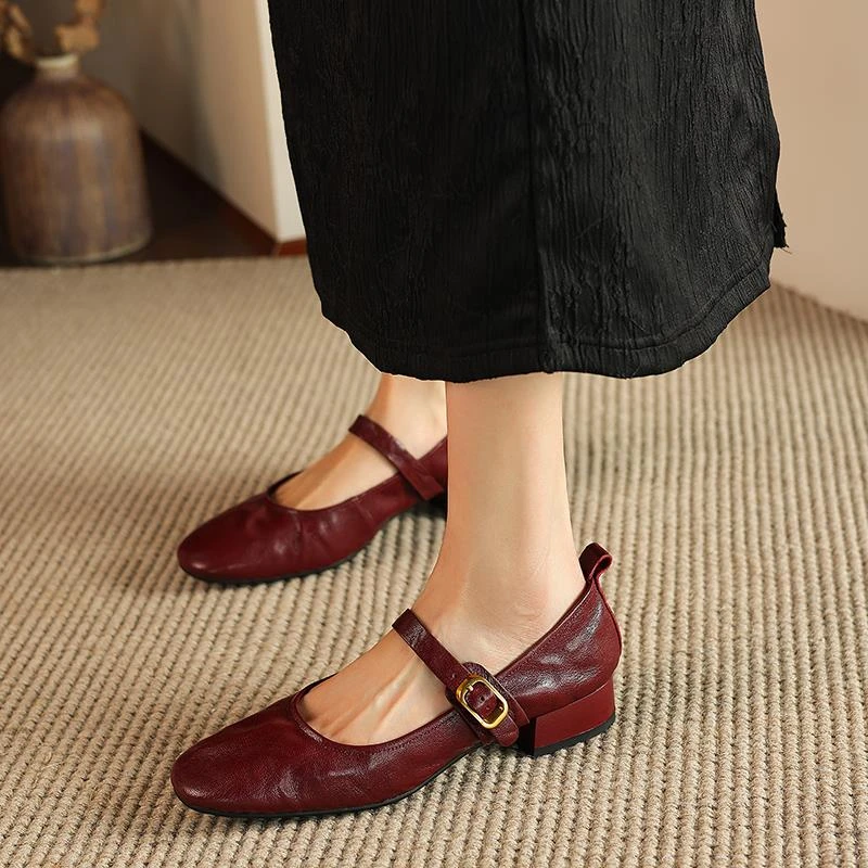 法式复古小羊皮粗跟中跟单鞋女春季新款百搭软底圆头玛丽珍鞋