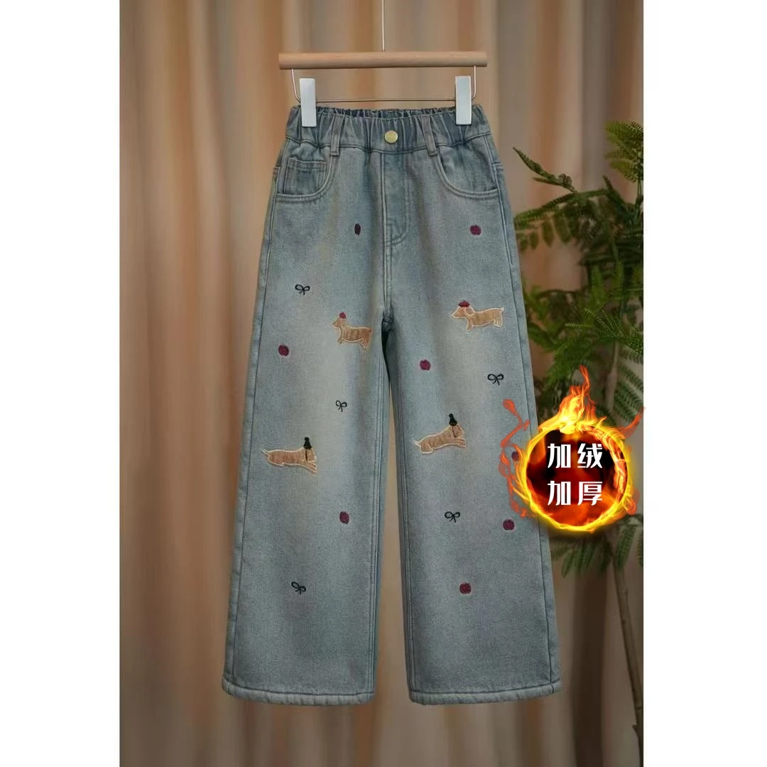 女童加绒牛仔裤冬新款卡通腊肠狗女孩立体刺绣牛仔裤中大童阔腿裤
