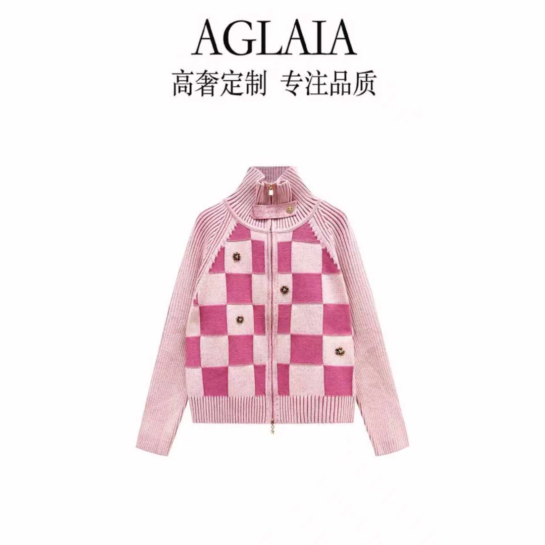 AGLAIA~秋冬新款小众设计感工棋盘格针织开衫女显瘦百搭毛衣6339