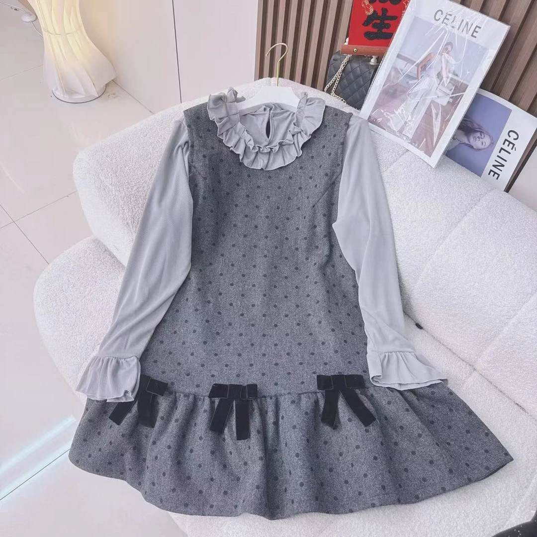 法式波点蝴蝶结背心连衣裙木耳边打底衫女2025冬季新款两件套