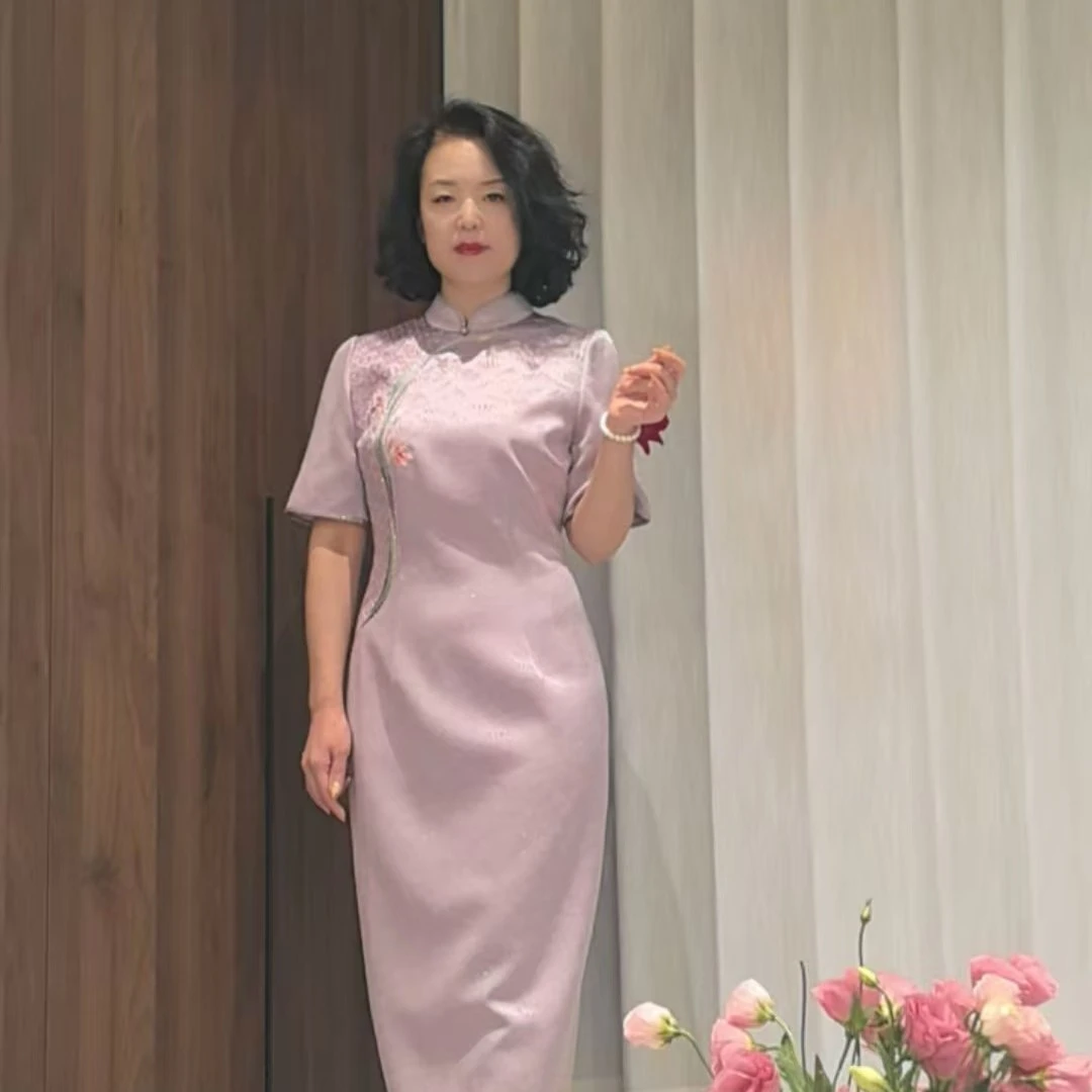 朱紫褕中国风淡紫五分袖秋冬新款时尚优雅喜婆婆喜妈妈旗袍礼服