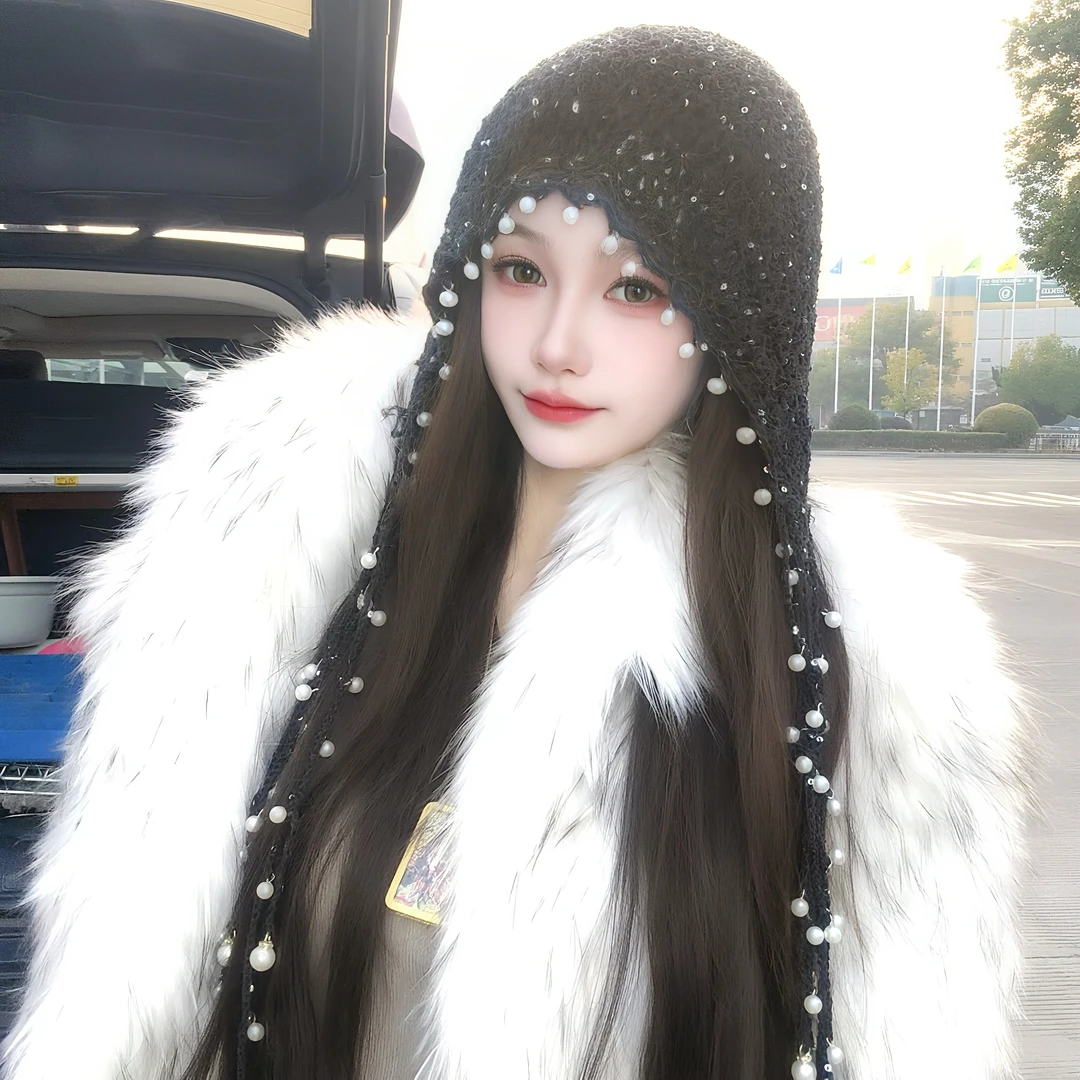 亮片长流苏珠子冷帽秋季夏季情侣帽子黑色保流苏蕾丝冷帽