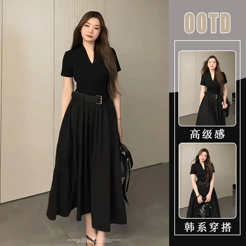 法式高级感长裙黑色短袖赫本风连衣裙2025年夏季新款夏装裙子女装