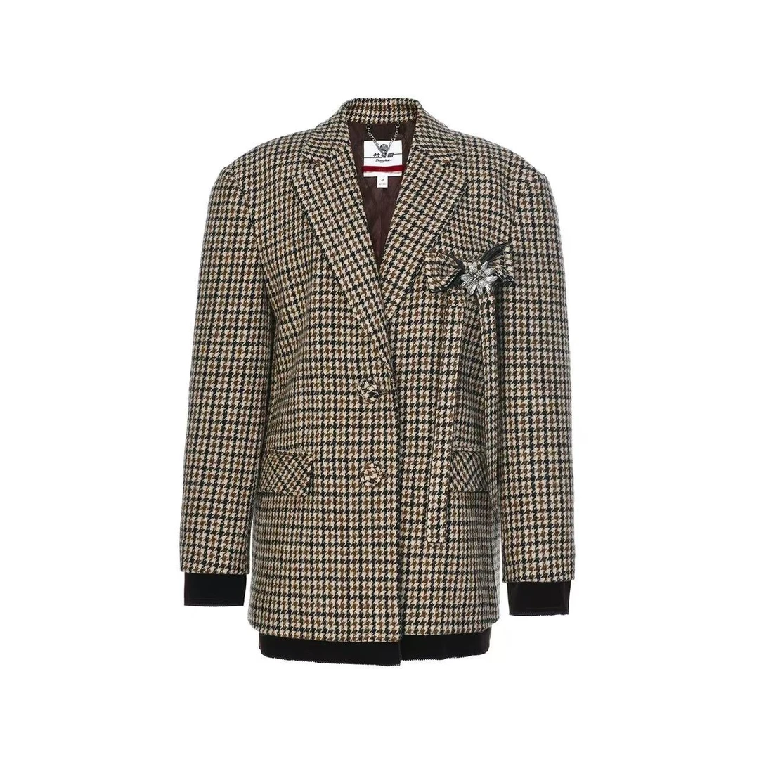 LeFame/拉飞姆25冬绵羊毛复古格纹西装毛呢外套上衣LF25D31SC021