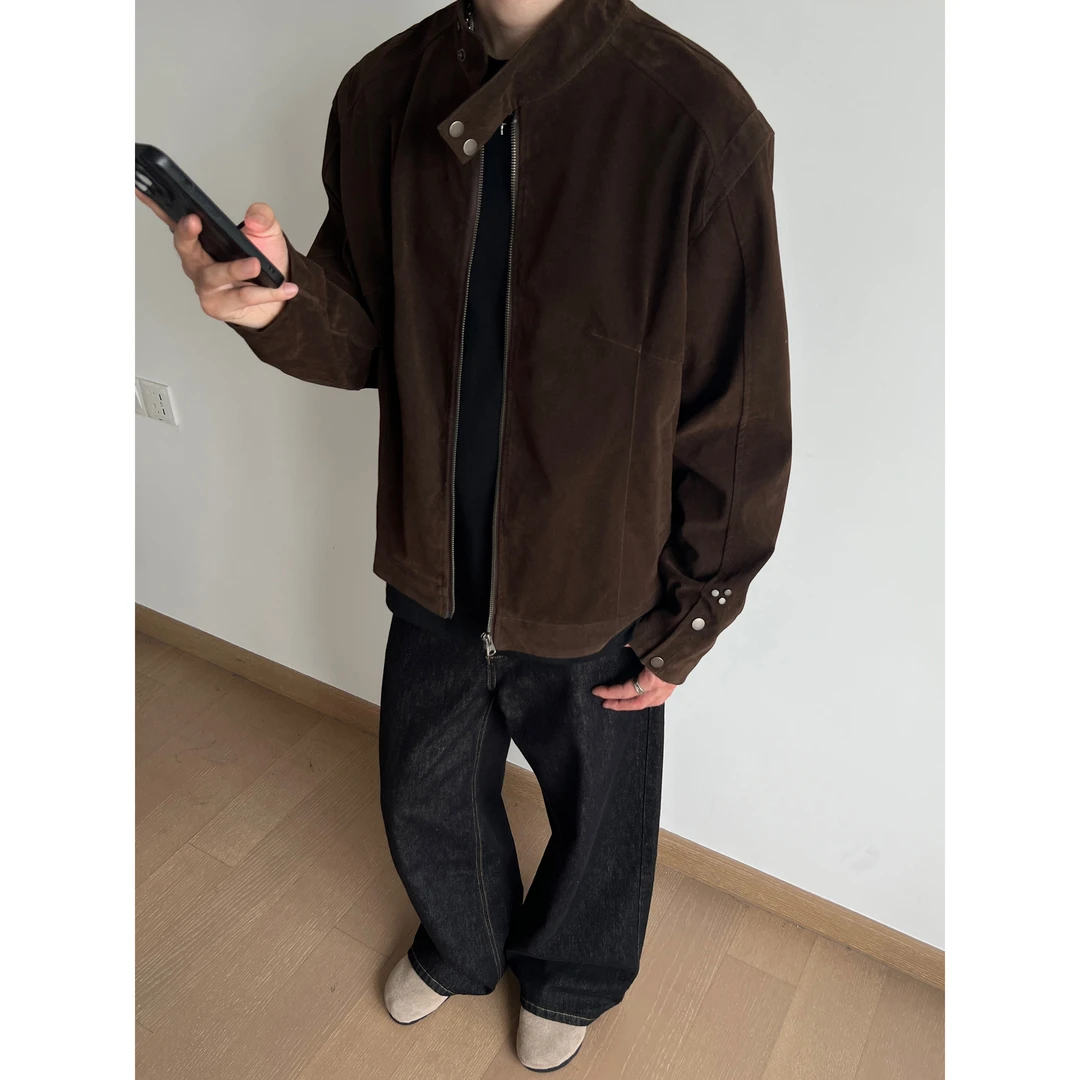 UNLG美式复古麂皮绒立领哈灵顿夹克外套男秋季休闲cleanfit高级