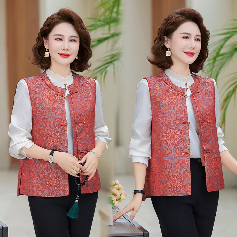 2025新款妈妈盘扣高端马甲中式红色国风唐装洋气复古上衣坎肩背心