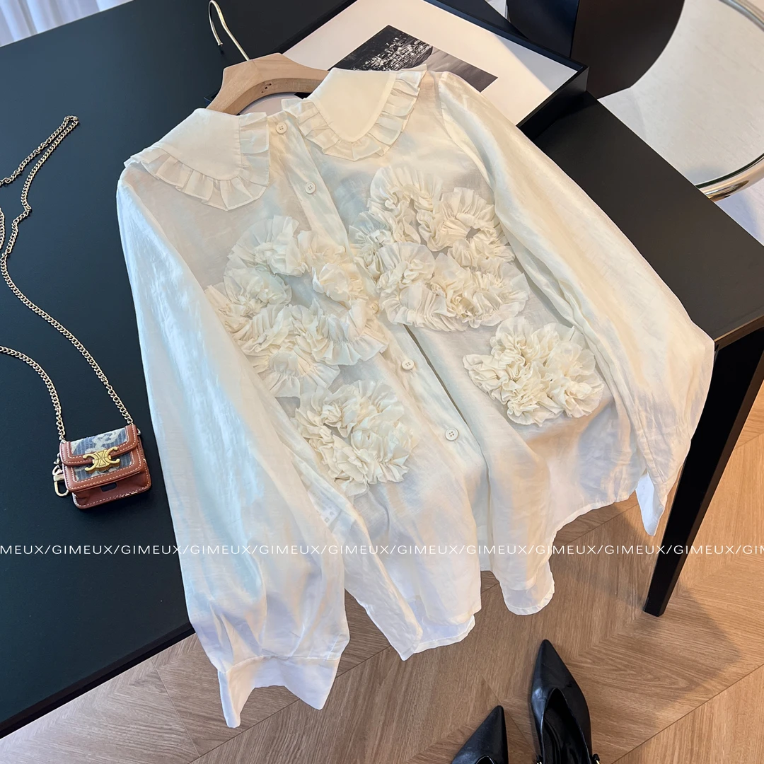 法式高级感白色刺绣长袖衬衫女2025新款初秋洋气百搭宽松显瘦上衣