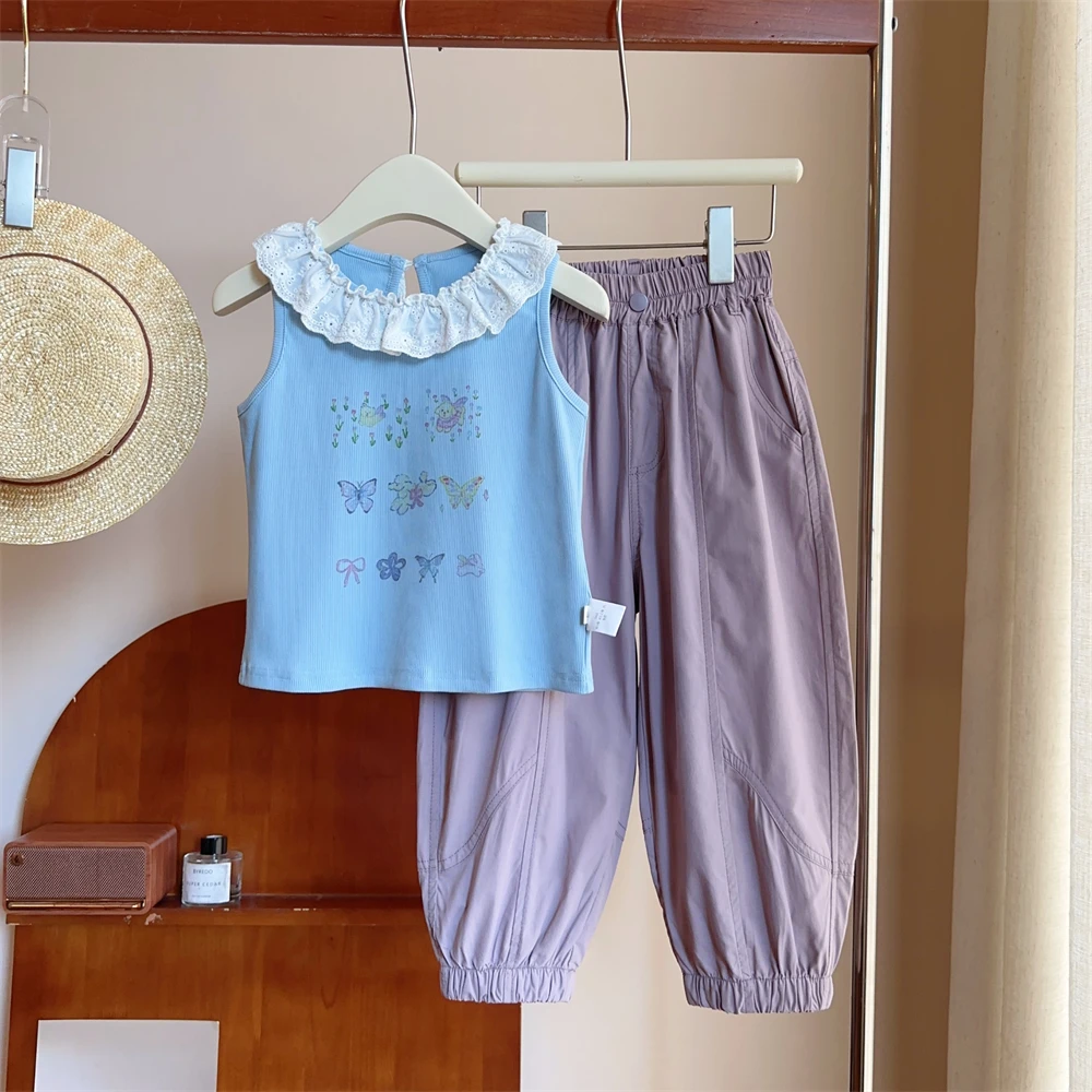 现货【蝴蝶背心】5460无袖女童夏季甜美娃娃领T恤时尚洋气百搭上衣