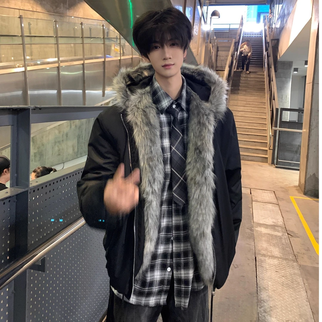 CoolboyBB 美式复古座山雕棉服男款冬季高级感仿皮草外套