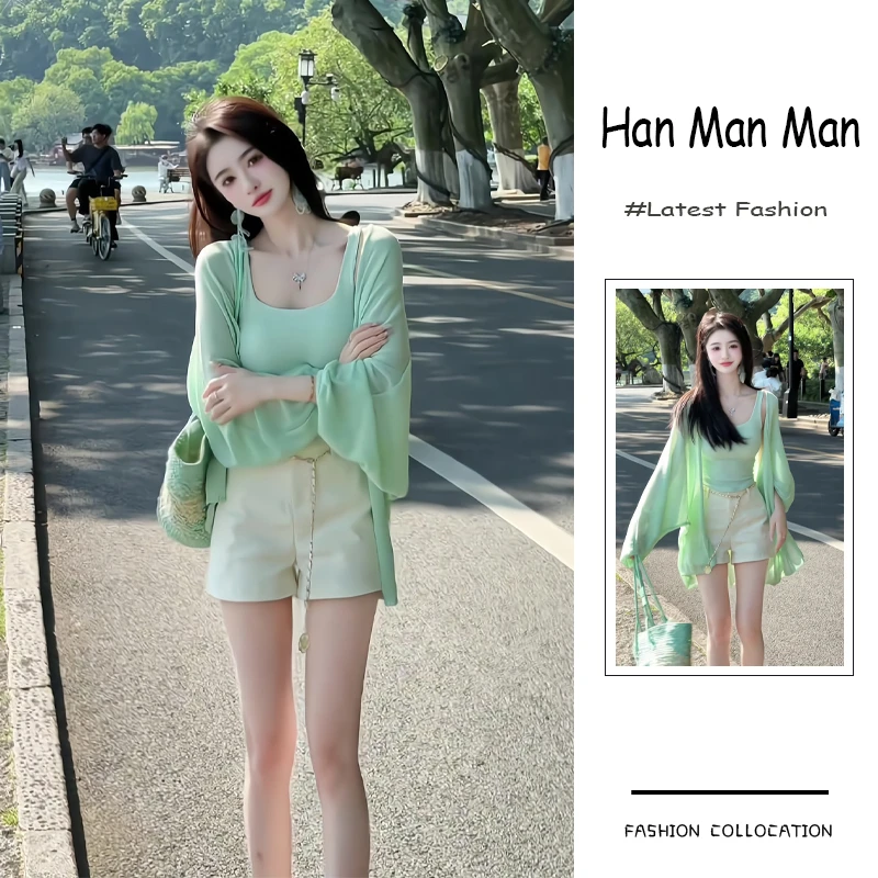 春季流行穿搭一整套新款2025年韩系御姐风垂感开衫吊带短裤三件套
