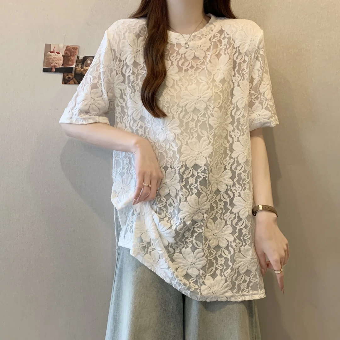 2025夏季新款蕾丝绒花短袖T女装胖MM遮肉显瘦上衣