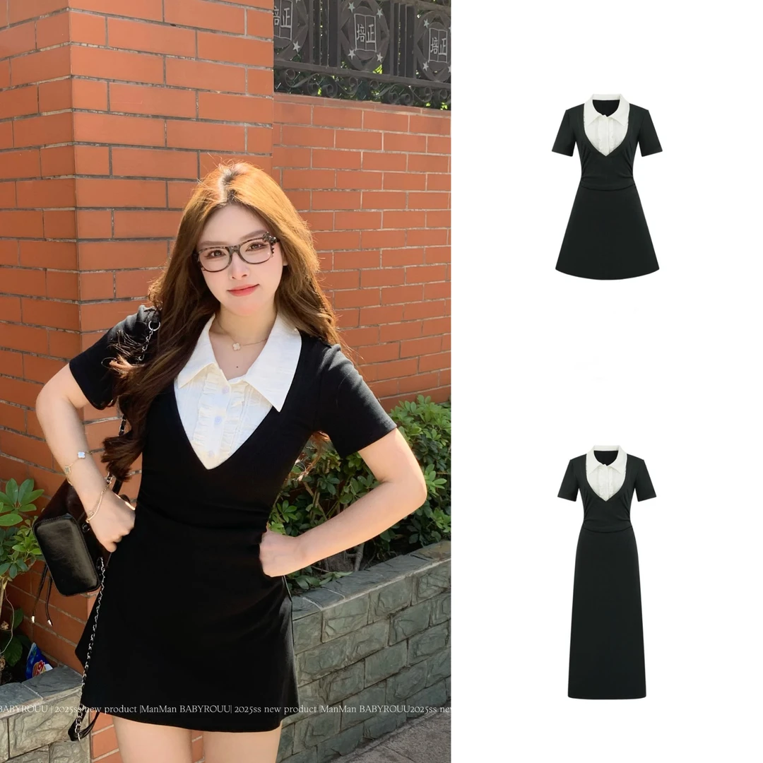 温与柔蔓蔓【暮光倾城】新款假两件衬衫领连衣裙收腰短袖连衣裙