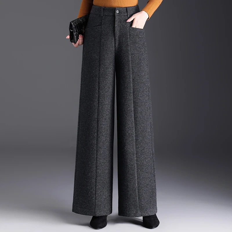羊毛呢阔腿裤女2025年冬季加厚新款高腰休闲长裤宽松显瘦裤子