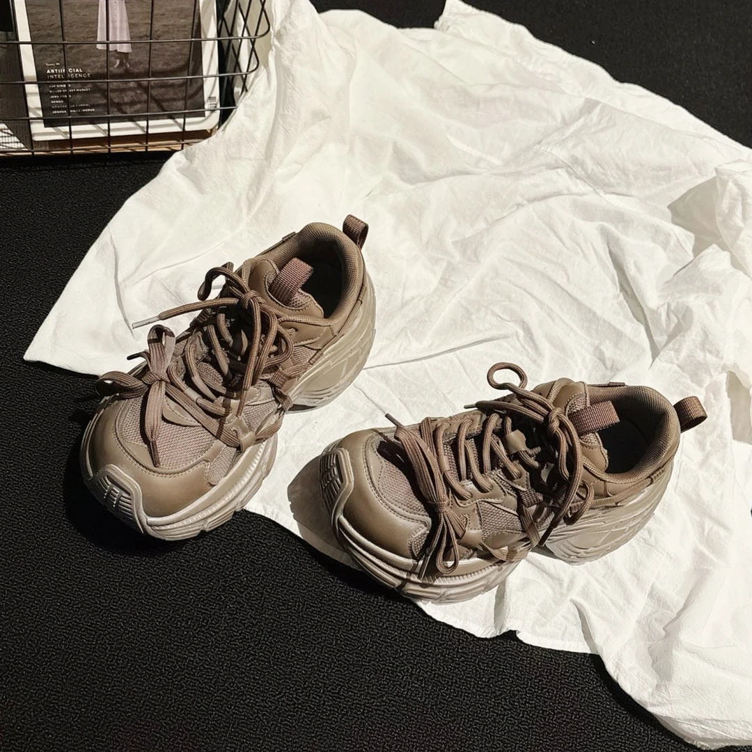 走秀款~轻便擦色厚底增高绑带老爹鞋女2025秋新款休闲鞋ins风女鞋