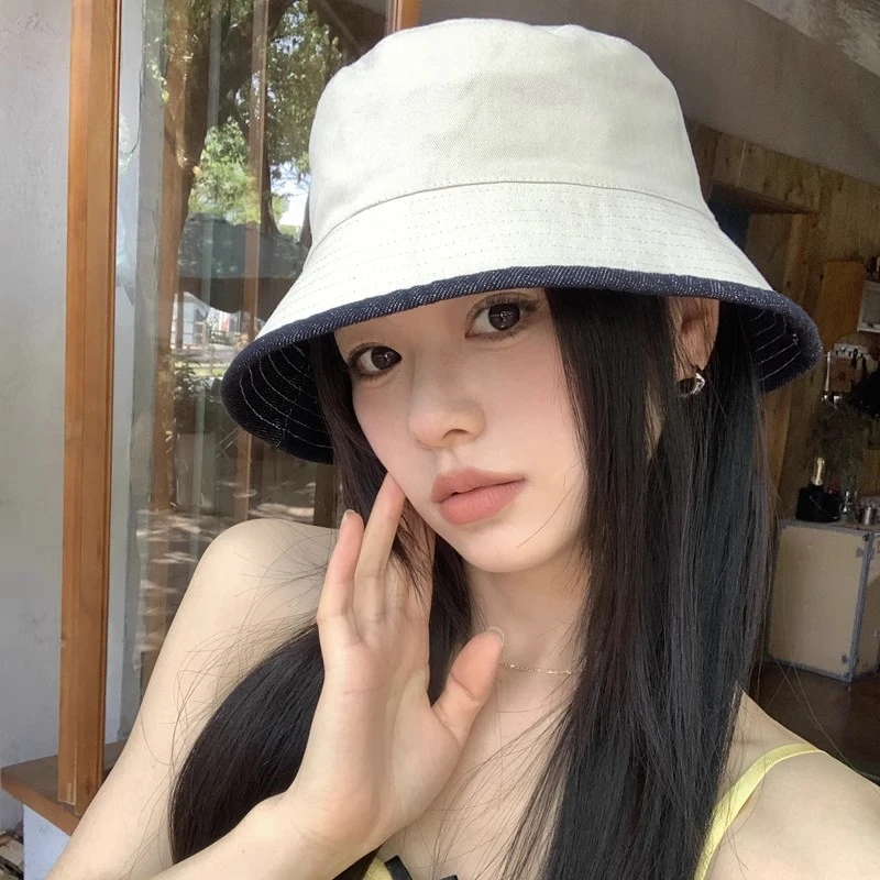 双面戴复古牛仔平顶渔夫帽女日系文艺百搭春夏显脸小遮阳防晒盆帽