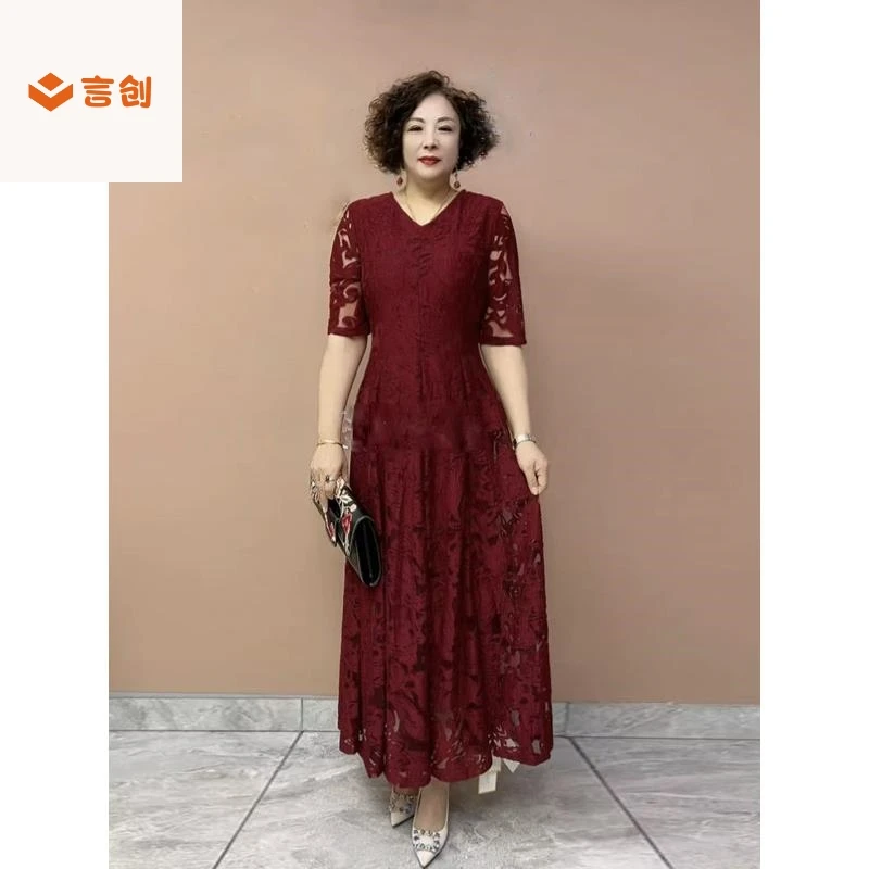 406夏新款高端时尚大码蕾丝裙气质显瘦不断腰中老年妈妈减龄长裙