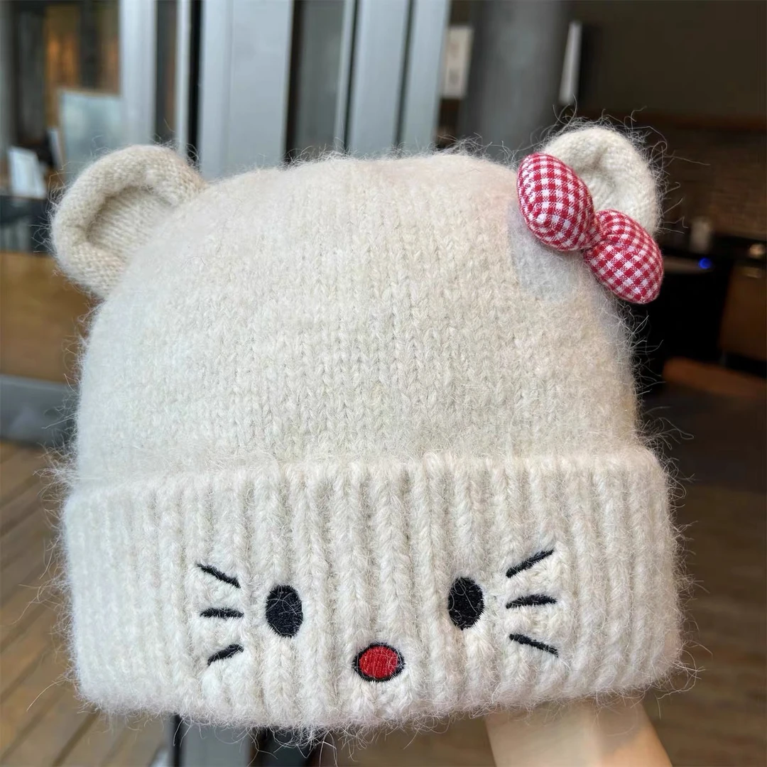 可爱甜美猫咪卡通针织毛线帽子女秋冬新款保暖百搭护耳针织帽潮