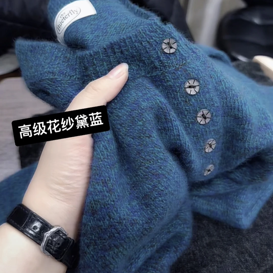 米蓝家名殿！高级黛蓝花纱！25新款冬款显瘦毛衣外套针织衫女0017