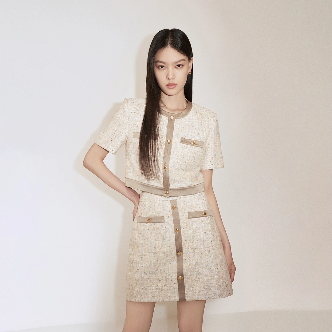 8049【CC王专属】欧时力金葱小香风外套裙套装短款高级复古秋季新